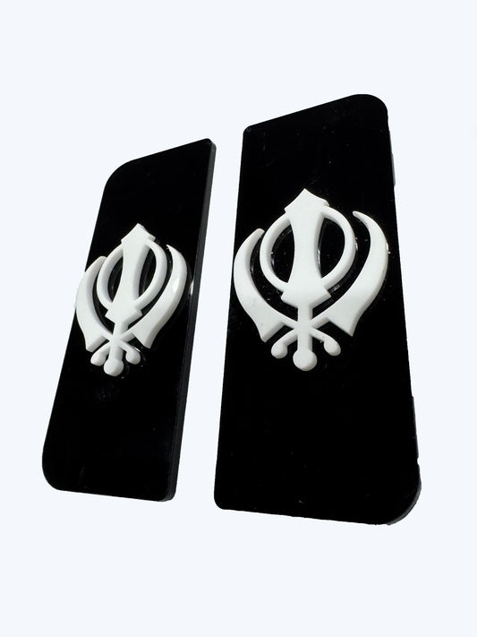 2x Khanda 4D Black White Symbol Badges/Decals 111x45mm