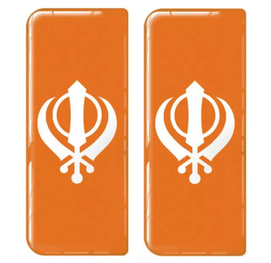 2x Khanda Gel Domed Orange White Symbol Badges/Decals 111x45mm