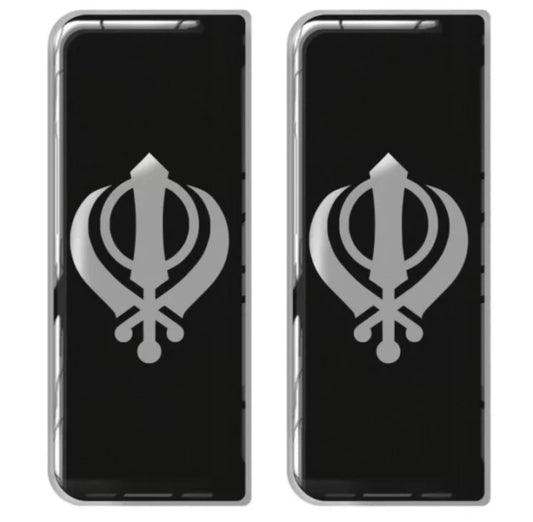 2x Khanda Gel Domed Black Silver Symbol Badges/Decals 111x45mm